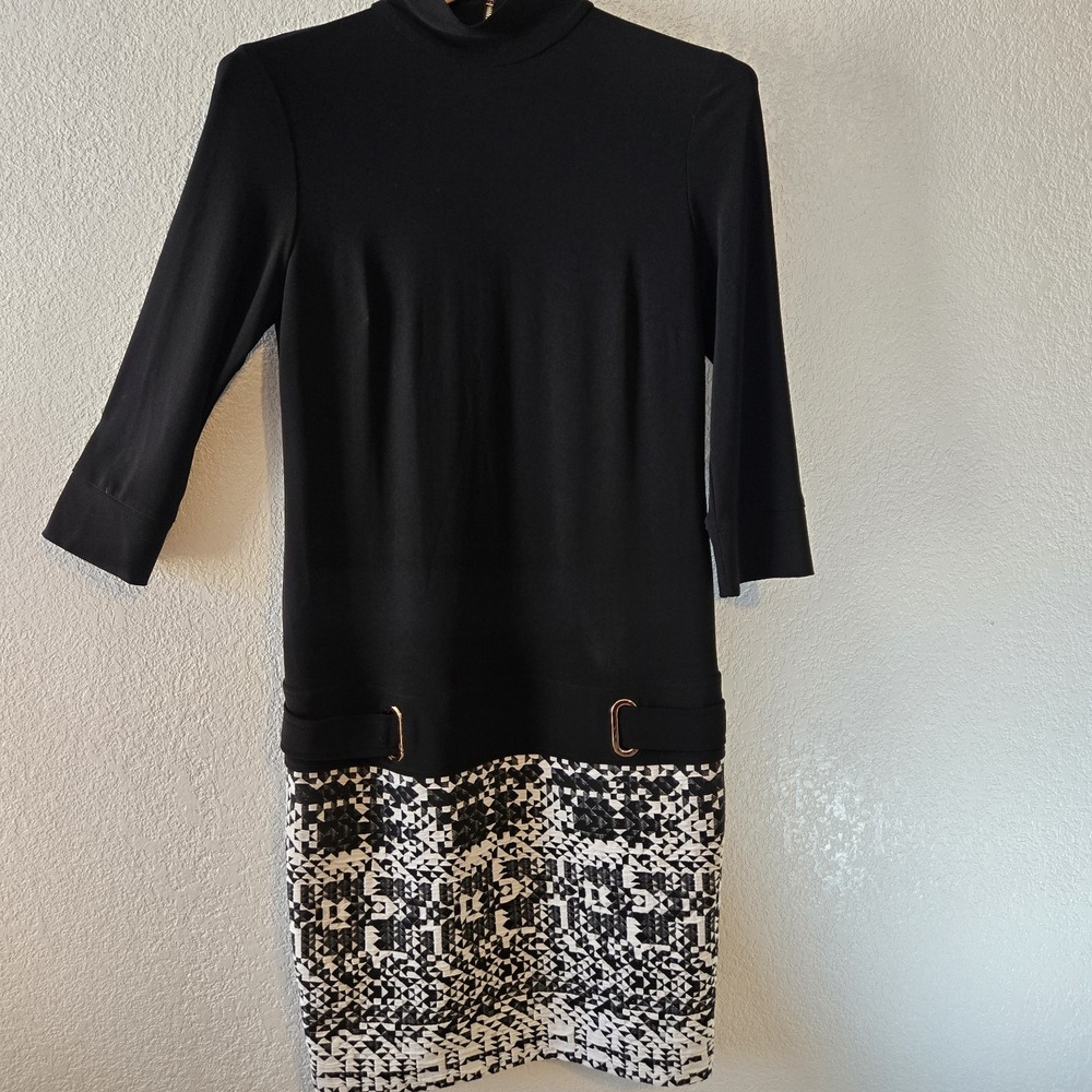 Joseph Ribkoff Dress Size 6 Black Gold Zip 3/4 Sleeve Sheath Geometric Hem...